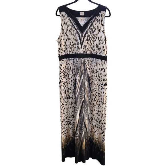 Chico's Animal Chevron Diane Maxi Dress Women's Lg-2 Cream Brown Boho Retro - Picture 1 of 4